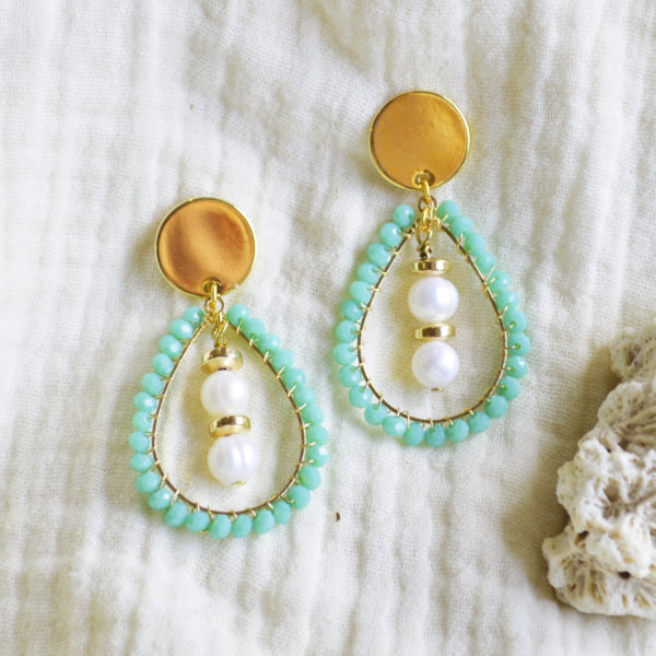 Arete Gota con Perla de rio y Hematita - Chapa de Oro