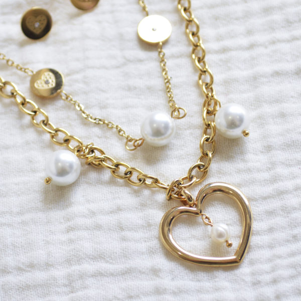 Juego de Collar y Aretes - Corazón Perlas