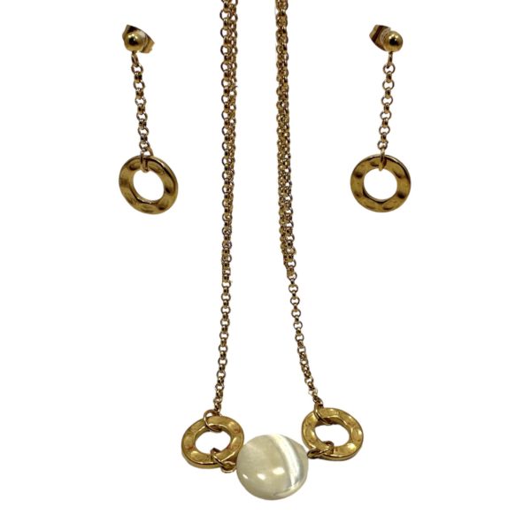 Juego collar y aretes - Círculos martillados y Perla cristal