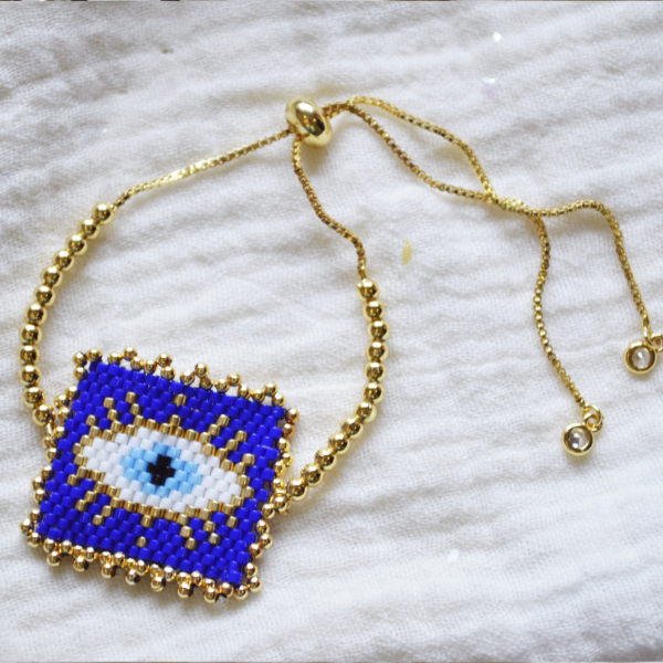Pulsera Ajustable - Miyuki Cuadro Ojito - Azul