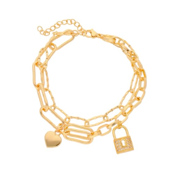 Pulsera doble cadena con dije candado y corazón