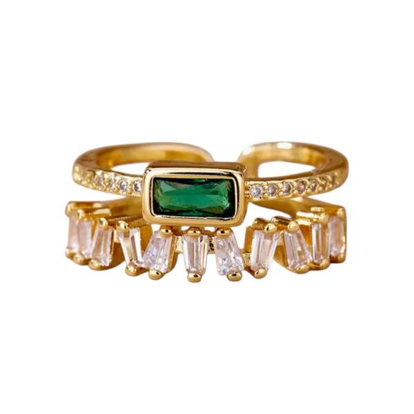 Anillo doble nivel - zirconias y cristal verde - ajustable
