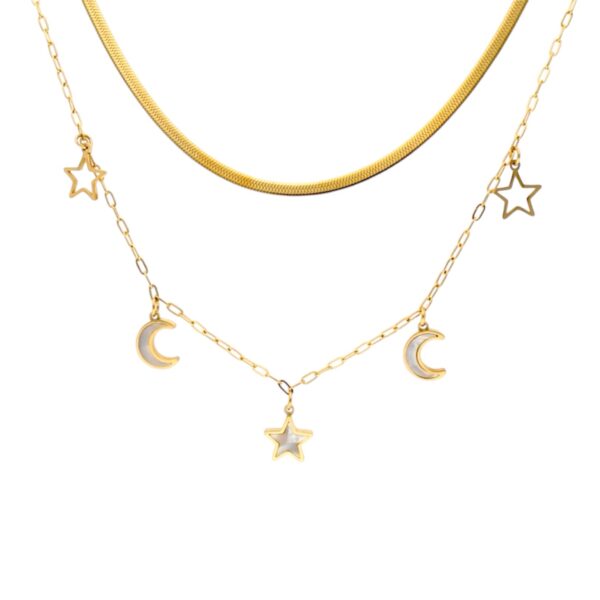 Collar doble caída - cadena plana y dijes estrellas y lunas