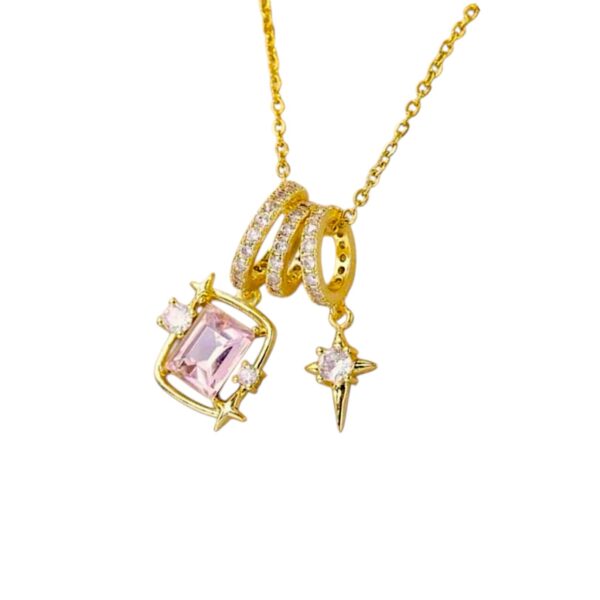 Collar dije estrella + cristal rectangular + ruedas zirconias - Dorado
